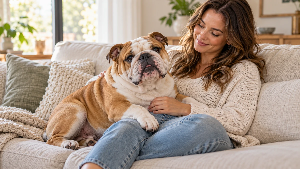 İngiliz Bulldog köpek — sahibinin kucağında