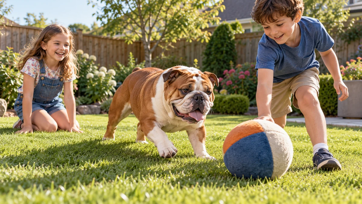 İngiliz Bulldog köpek — çocuklarla oyun