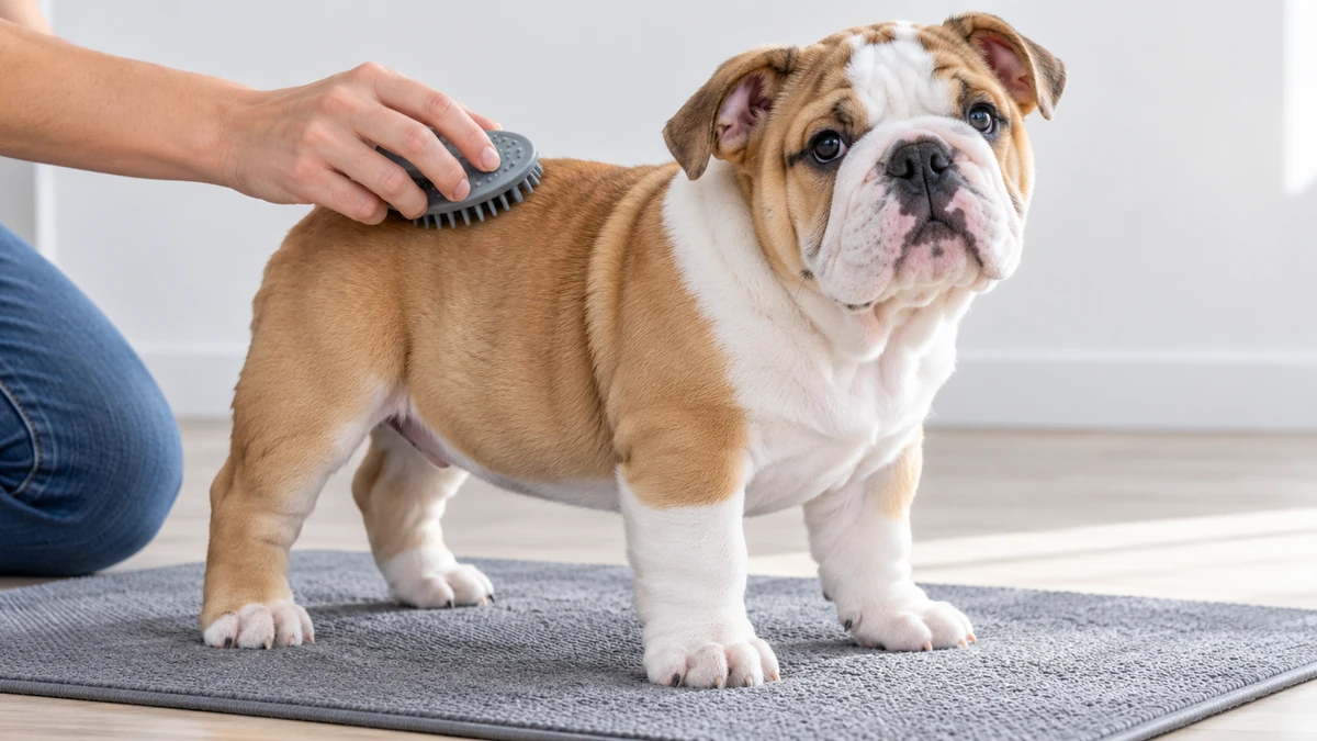İngiliz Bulldog yavru köpek — tüy bakımı ve fırçalama