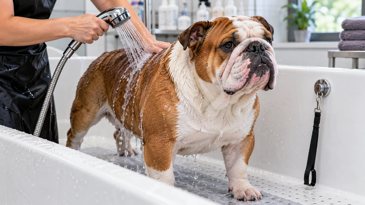 İngiliz Bulldog köpek — banyo ve temizlik