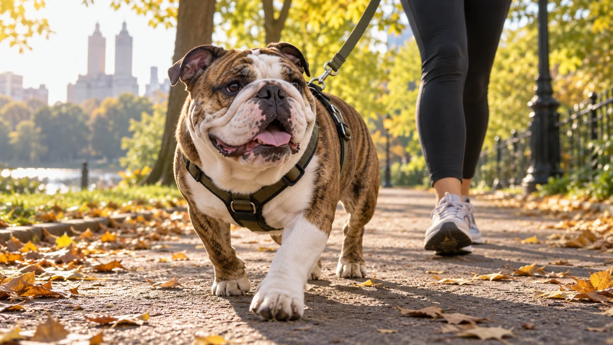 İngiliz Bulldog köpek — parkta yürüyüş ve egzersiz
